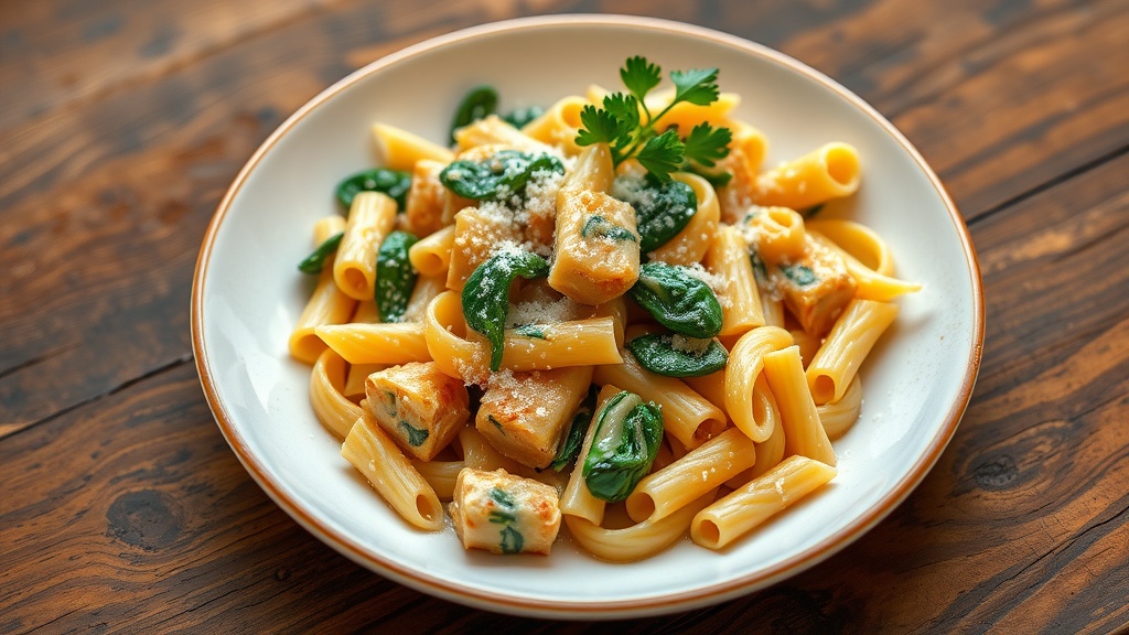 Creamy Artichoke Spinach Pasta Delight Creamy artichoke spinach pasta on a plate, garnished with Parmesan and parsley.